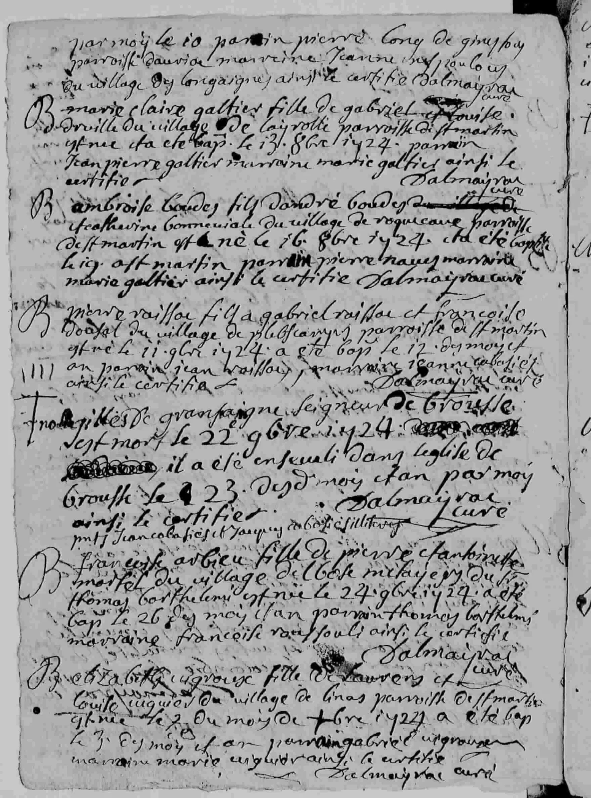 French parish page containing the death and burial entry of Gilles de Gransaigne in the lower middle of the page