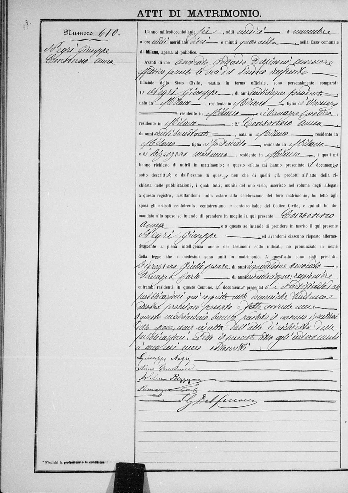 Italian civil marriage record naming Giuseppe Negri and Anna Consonno, with their original signatures