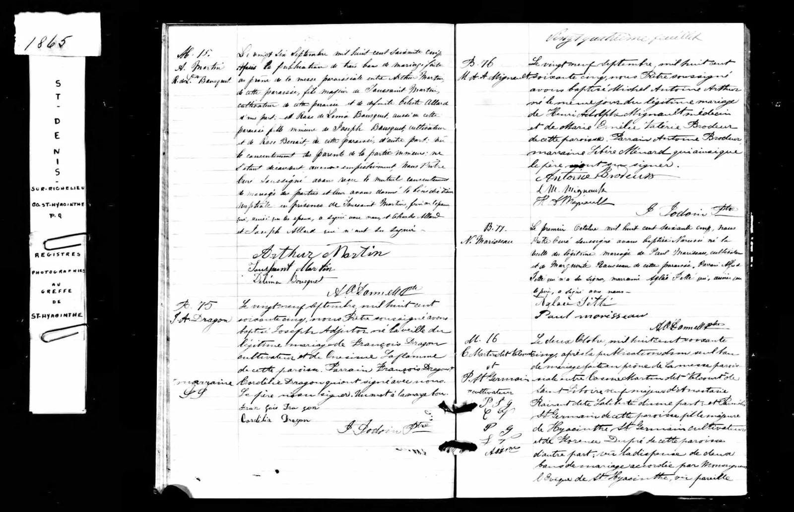 Catholic parish register with the baptism of Arthur Mignault at the top of the right page